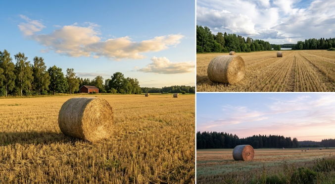 Three views of round hay bales resting in cut fields: one in the foreground of a stubble paddock beside a red shed, one on a windrowed field edged by forest, and one in an open field at dusk
